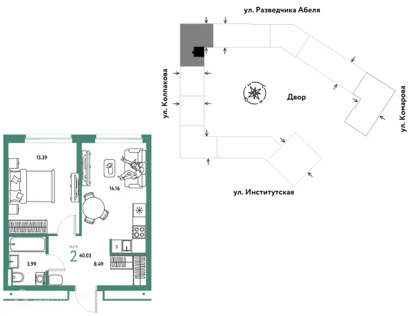 Планировка 2 комн. в ЖК Страна.Парковая