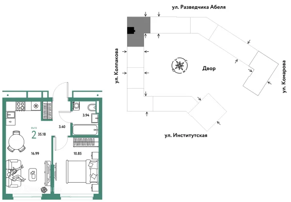 Планировка 2 комн. в ЖК Страна.Парковая