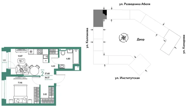 Планировка 2 комн. в ЖК Страна.Парковая