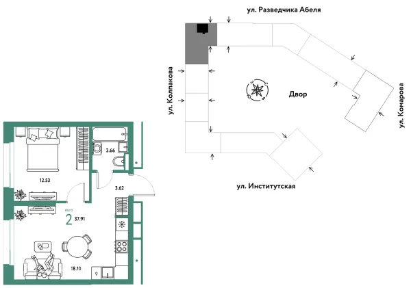 Планировка 2 комн. в ЖК Страна.Парковая
