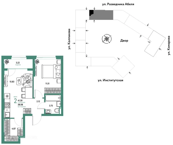 Планировка 2 комн. в ЖК Страна.Парковая
