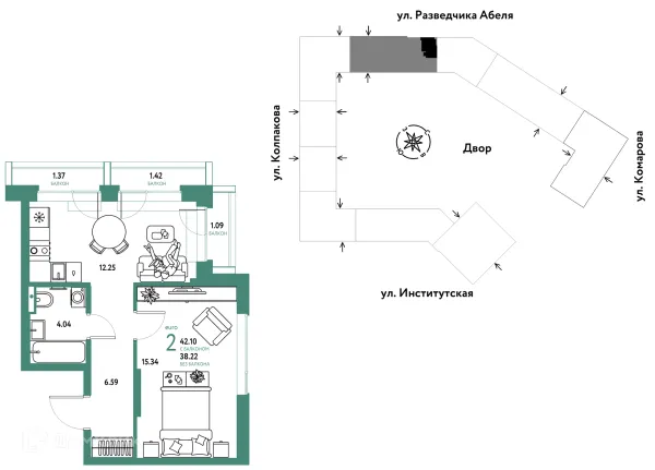 Планировка 2 комн. в ЖК Страна.Парковая