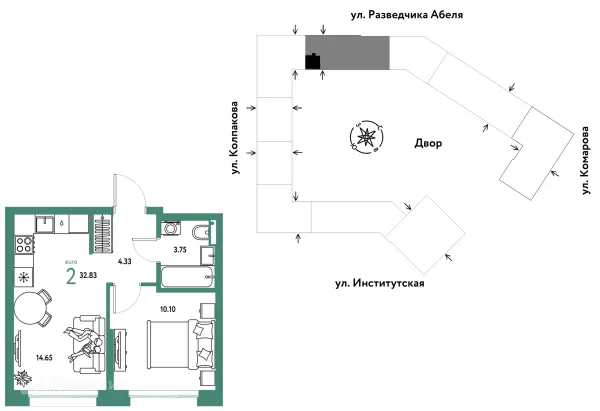 Планировка 2 комн. в ЖК Страна.Парковая
