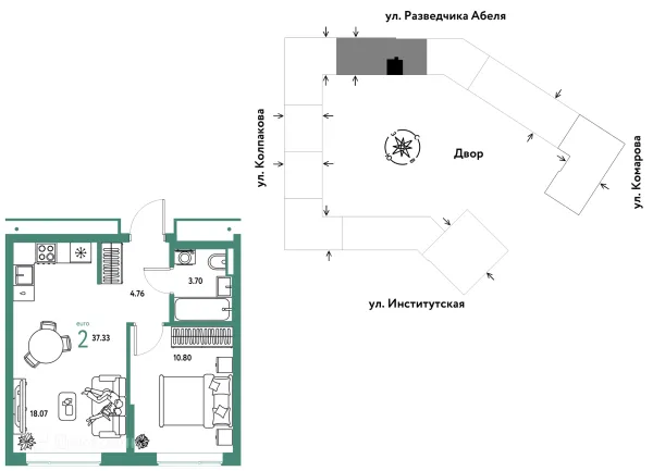 Планировка 2 комн. в ЖК Страна.Парковая