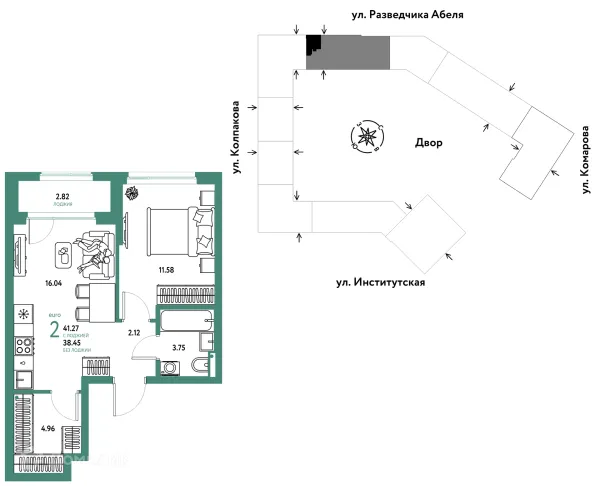 Планировка 2 комн. в ЖК Страна.Парковая