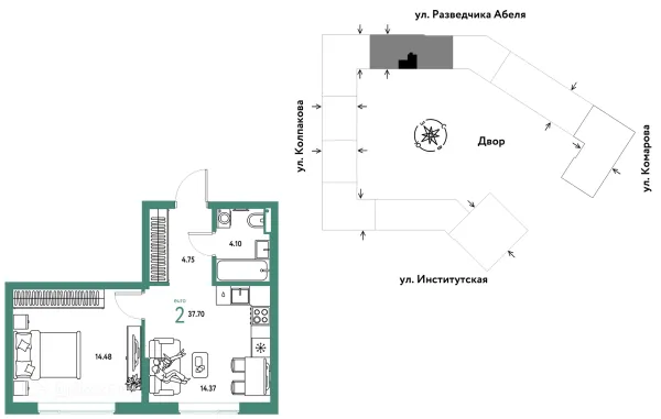 Планировка 2 комн. в ЖК Страна.Парковая