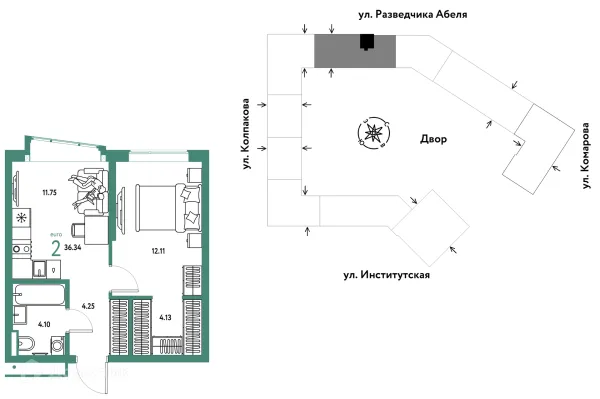 Планировка 2 комн. в ЖК Страна.Парковая