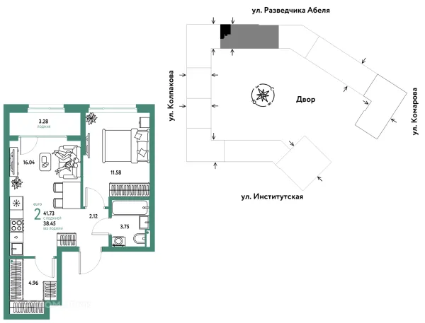 Планировка 2 комн. в ЖК Страна.Парковая