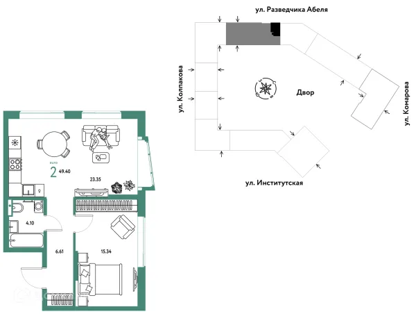 Планировка 2 комн. в ЖК Страна.Парковая