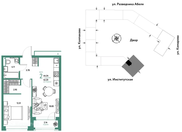 Планировка 2 комн. в ЖК Страна.Парковая