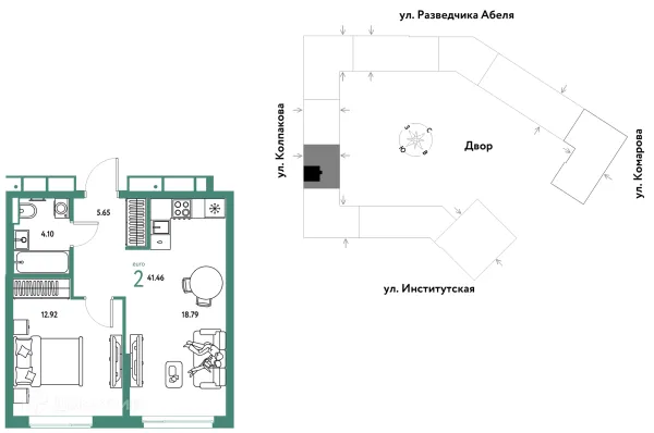 Планировка 2 комн. в ЖК Страна.Парковая