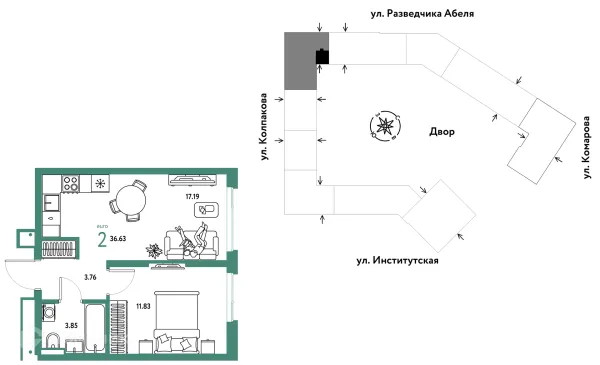 Планировка 2 комн. в ЖК Страна.Парковая