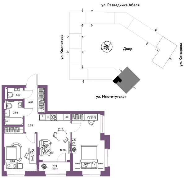Планировка 3 комн. в ЖК Страна.Парковая