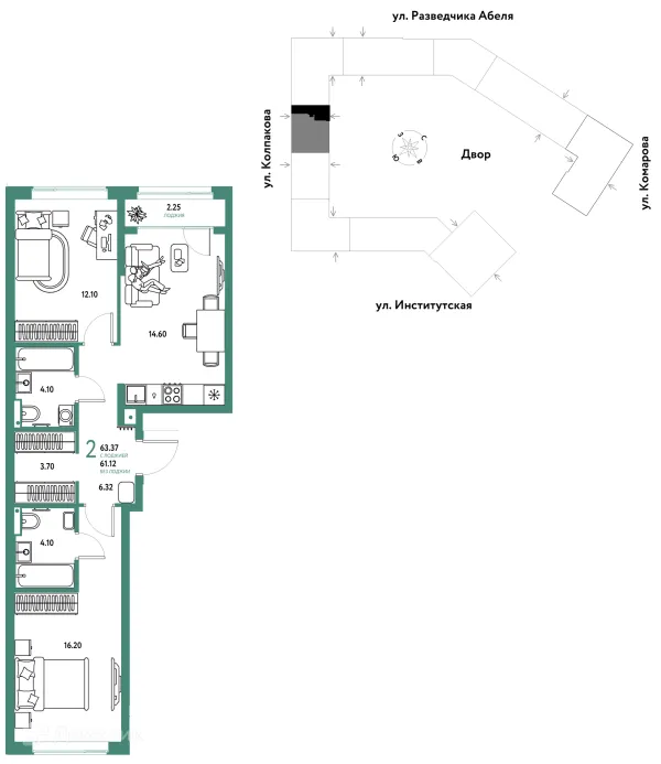 Планировка 2 комн. в ЖК Страна.Парковая