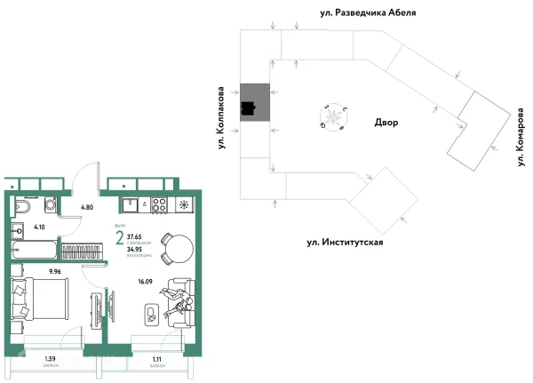 Планировка 2 комн. в ЖК Страна.Парковая