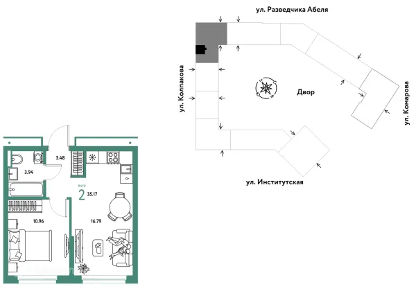 Планировка 2 комн. в ЖК Страна.Парковая