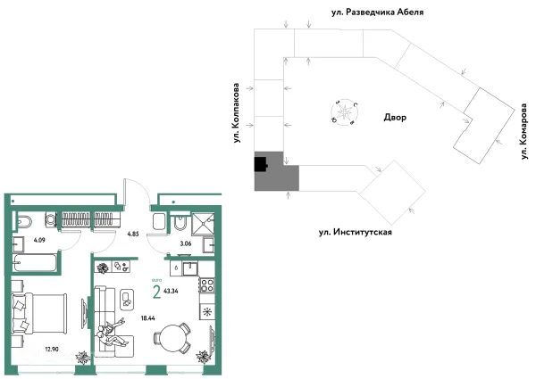 Планировка 2 комн. в ЖК Страна.Парковая