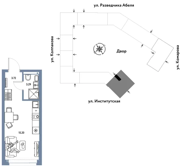 Планировка 1 комн. в ЖК Страна.Парковая