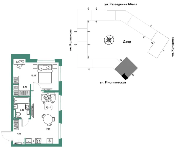 Планировка 2 комн. в ЖК Страна.Парковая