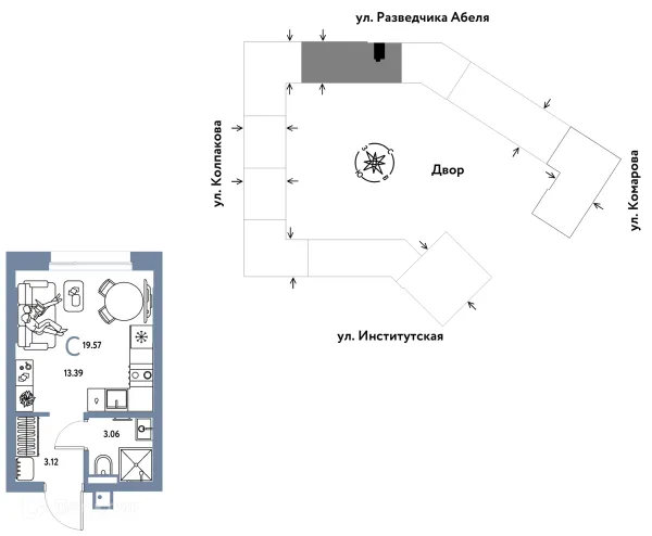 Планировка 1 комн. в ЖК Страна.Парковая