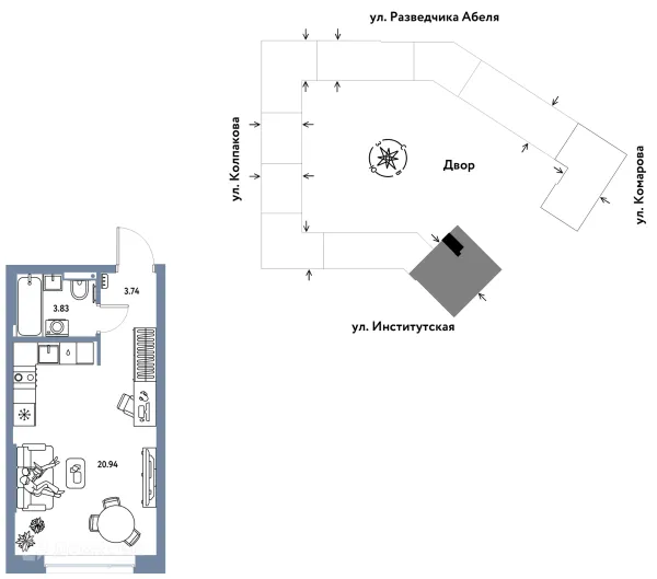 Планировка 1 комн. в ЖК Страна.Парковая