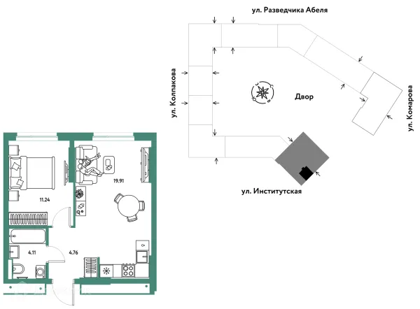 Планировка 2 комн. в ЖК Страна.Парковая