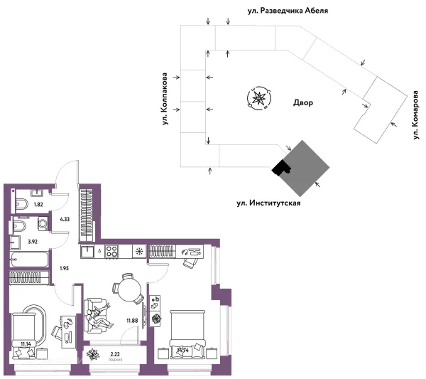 Планировка 3 комн. в ЖК Страна.Парковая
