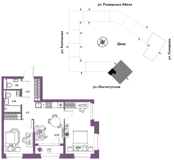 Планировка 3 комн. в ЖК Страна.Парковая