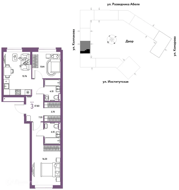 Планировка 3 комн. в ЖК Страна.Парковая