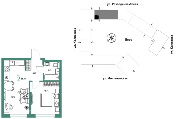 Планировка 2 комн. в ЖК Страна.Парковая