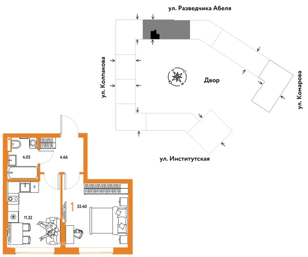 Планировка 1 комн. в ЖК Страна.Парковая