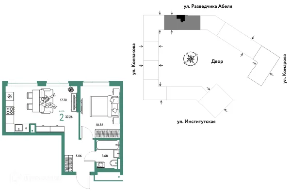 Планировка 2 комн. в ЖК Страна.Парковая