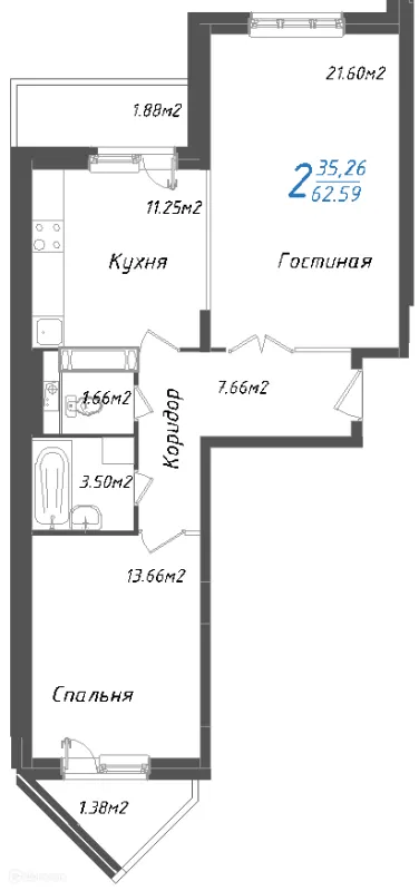 Планировка 2 комн. в ЖК Школьный