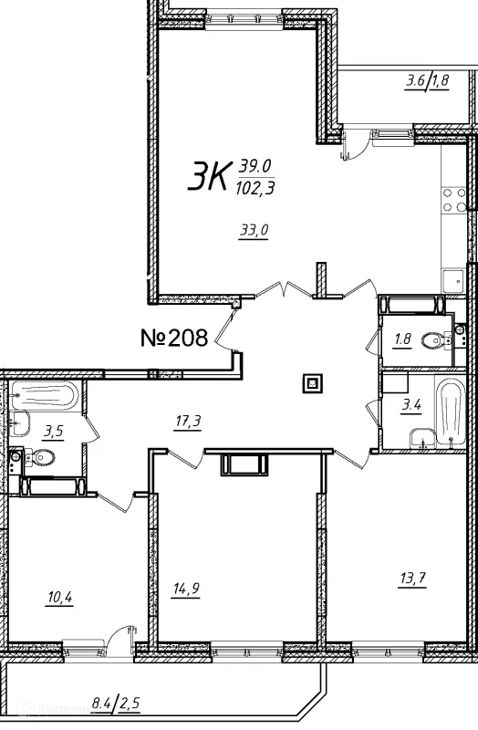 Планировка 3 комн. в ЖК Школьный