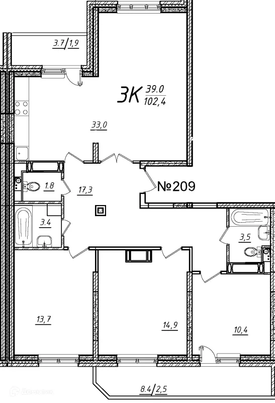 Планировка 3 комн. в ЖК Школьный