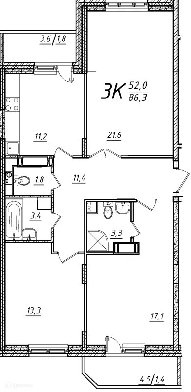 Планировка 3 комн. в ЖК Школьный