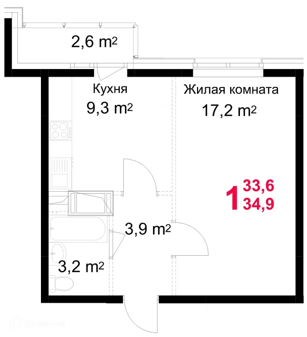 Планировка 1 комн. в ЖК "Красная Горка"