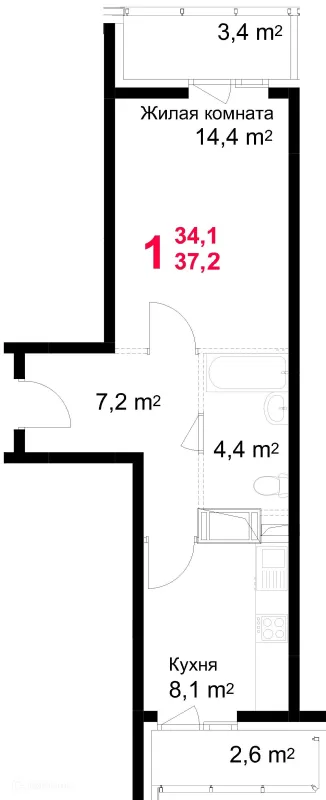 Планировка 1 комн. в ЖК "Красная Горка"