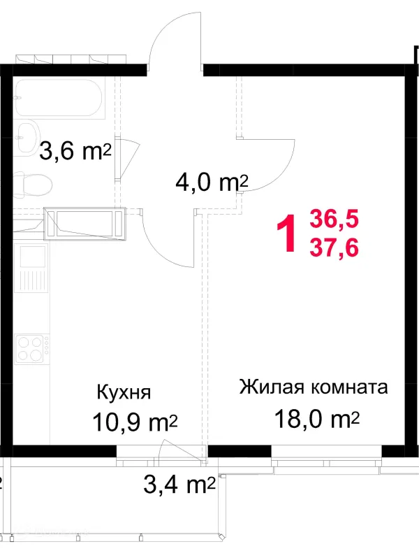 Планировка 1 комн. в ЖК "Красная Горка"