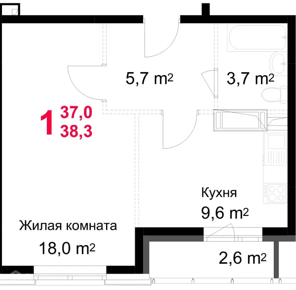 Планировка 1 комн. в ЖК "Красная Горка"