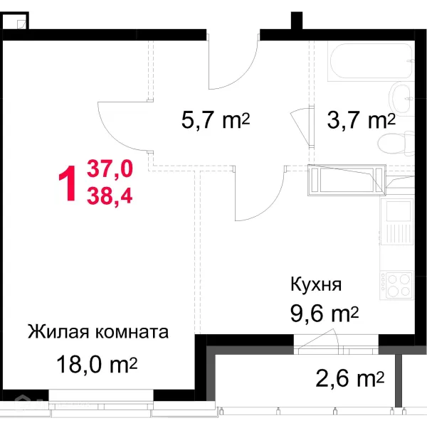 Планировка 1 комн. в ЖК "Красная Горка"
