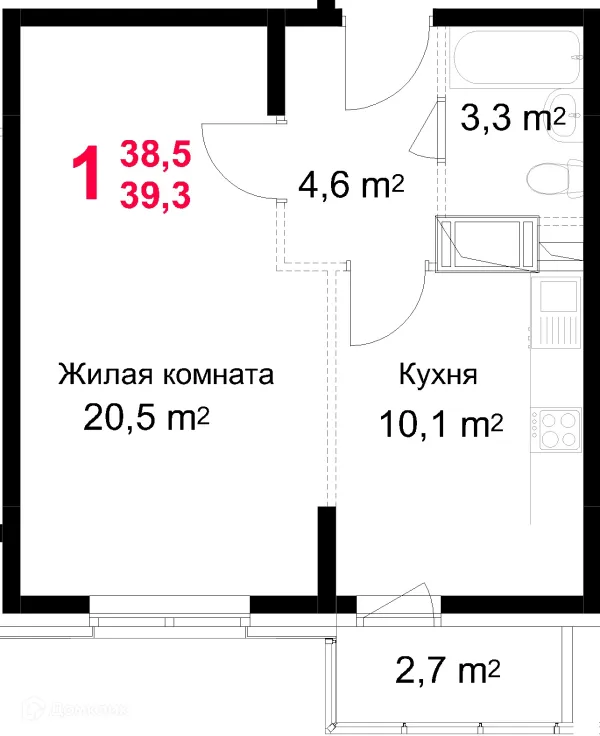 Планировка 1 комн. в ЖК "Красная Горка"