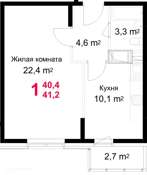 Планировка 1 комн. в ЖК "Красная Горка"