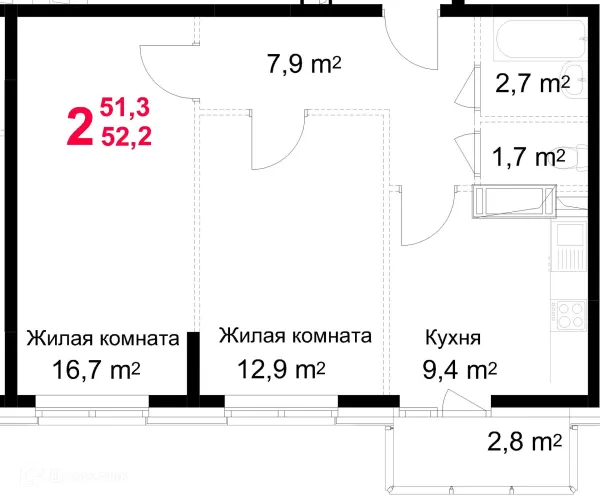 Планировка 2 комн. в ЖК "Красная Горка"