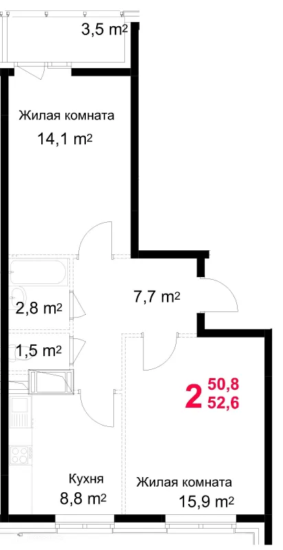 Планировка 2 комн. в ЖК "Красная Горка"