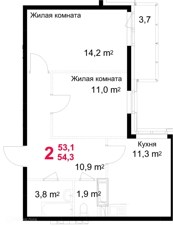 Планировка 2 комн. в ЖК "Красная Горка"