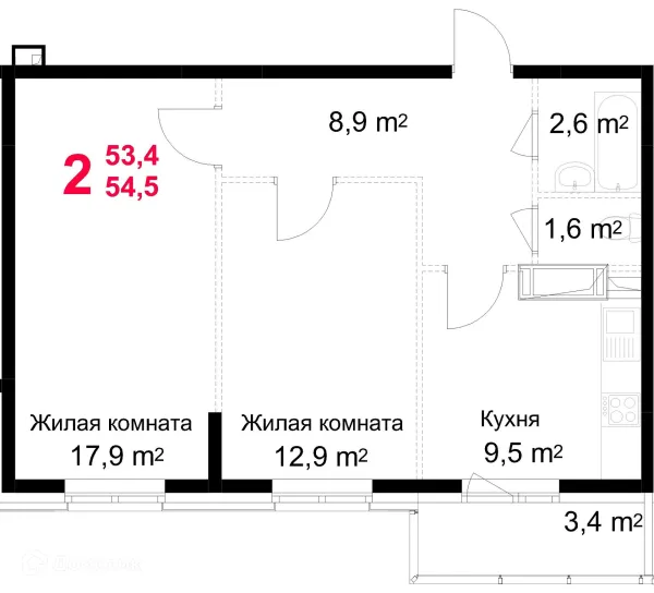Планировка 2 комн. в ЖК "Красная Горка"