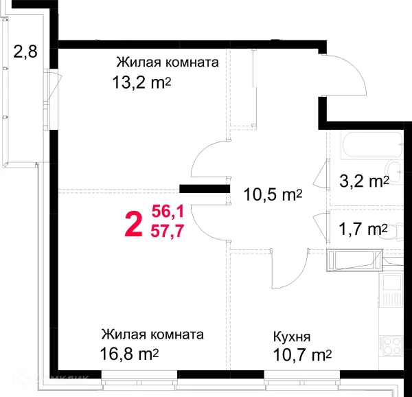 Планировка 2 комн. в ЖК "Красная Горка"