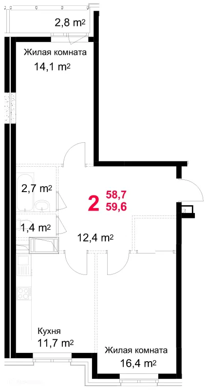 Планировка 2 комн. в ЖК "Красная Горка"