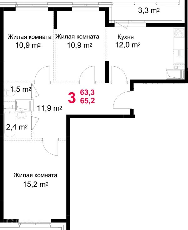 Планировка 3 комн. в ЖК "Красная Горка"